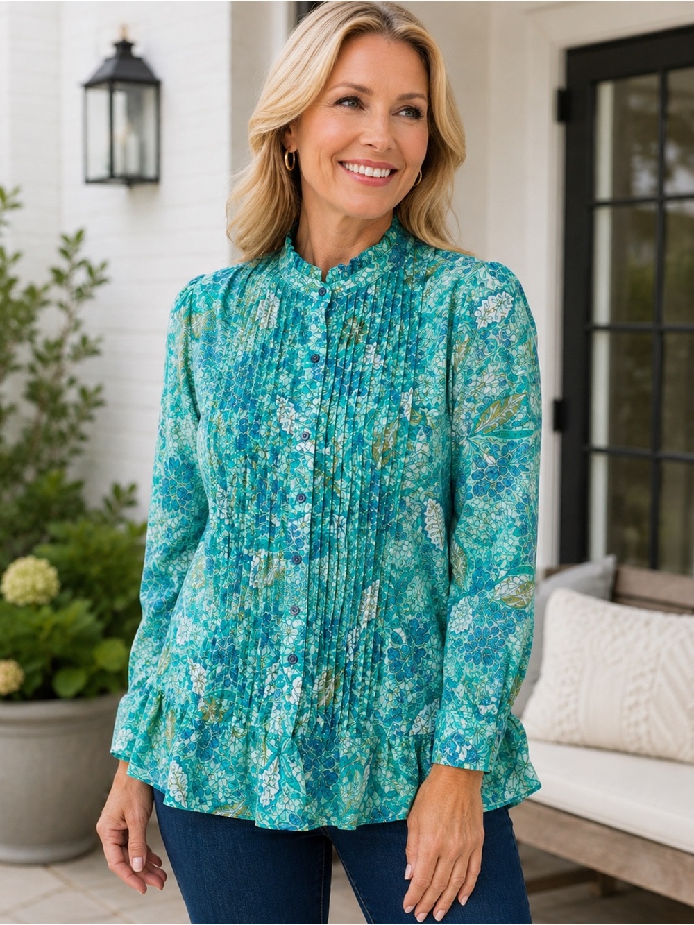 LOGO by Lori Goldstein Printed Sheer Chiffon Blouse Pleat Front Teal Medium‎